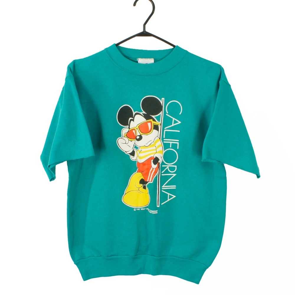 Vintage 80s Disney Cool Mickey Mouse California Blue Short Cut Off Sleeve Top